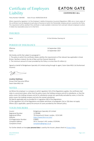 N Clark Window Cleaning Limited - 2026 - Employers Liability Certificate