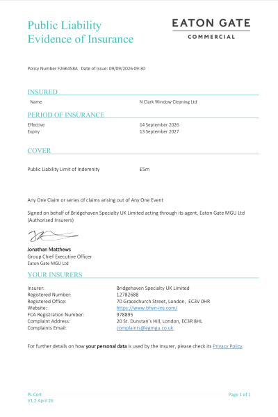 N Clark Window Cleaning Limited - 2026 - Public Liability Certificate